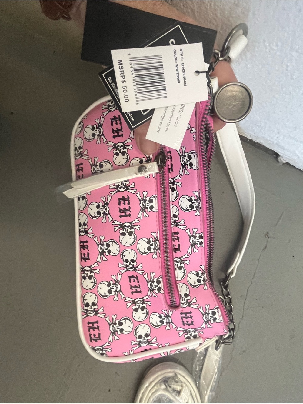 Ed Hardy Pink Skull Print Wristlet with White Trim